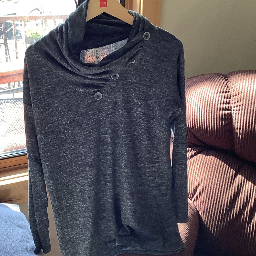 Heather Charcoal Button-Accent Cowl Neck Long Sleeve Top